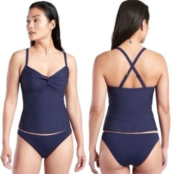 Athleta Womens Twist Up Tankini Top Swim Tank UPF 50+ Blue 32 D/DD - Picture 2 of 13